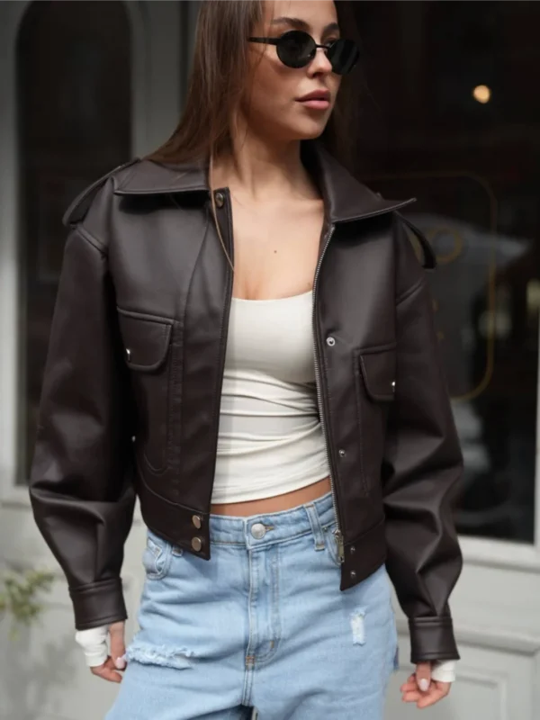 Bomber jacket made of eco-leather - Chocolate - Maribella